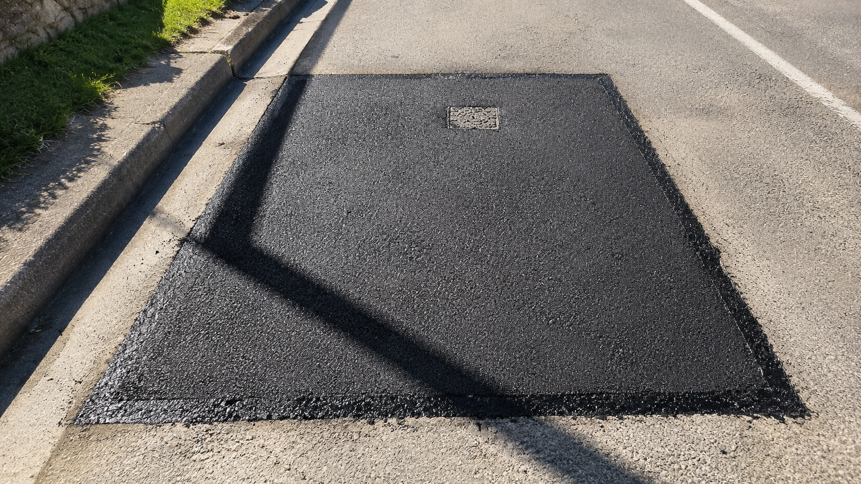 Asphalt patch reinstatement around a drain cover next to a kerb.