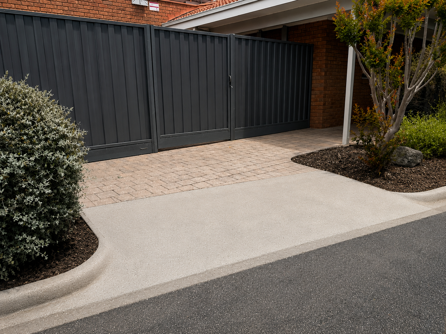 Concrete driveway crossover apron meeting brick paving, bordered by garden beds and a colorbond fence.