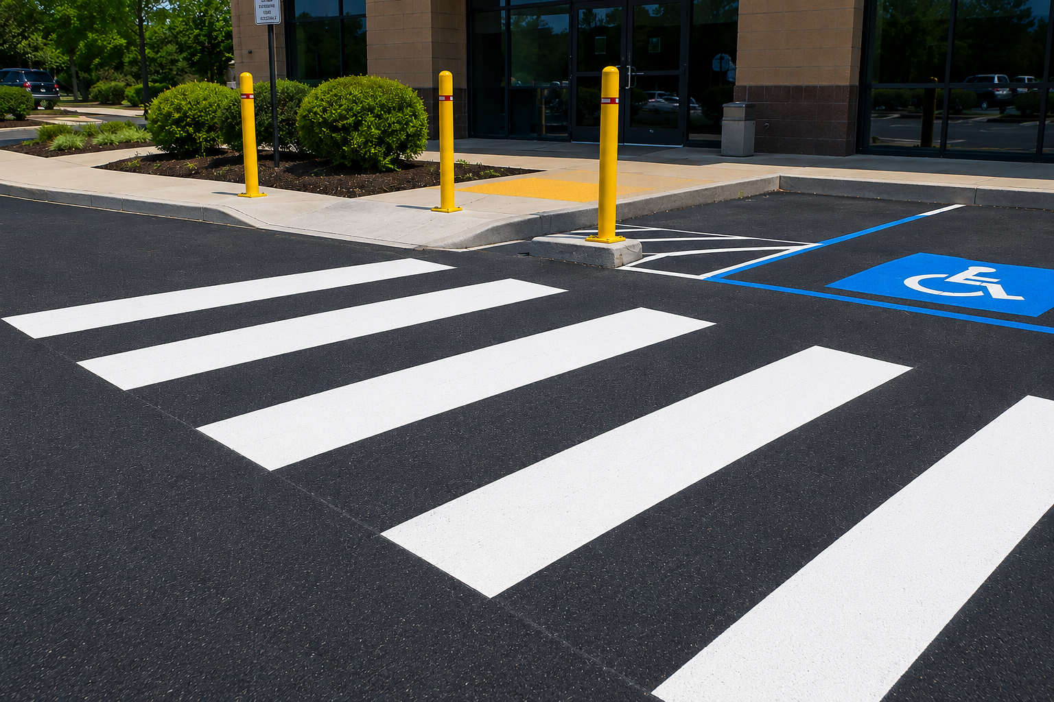 Freshly painted pedestrian zebra crossing with disabled parking bay and yellow safety bollards.