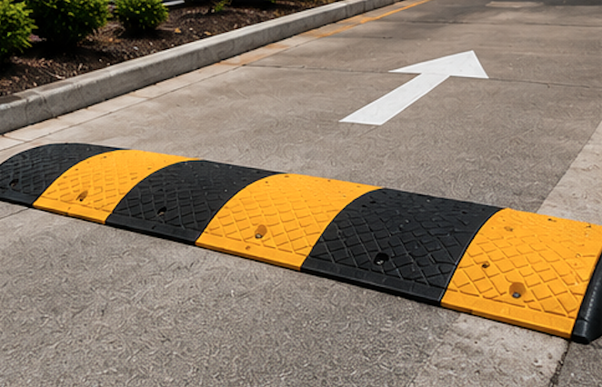 Yellow and black rubber speed hump installed across a driveway with a painted directional arrow alongside.