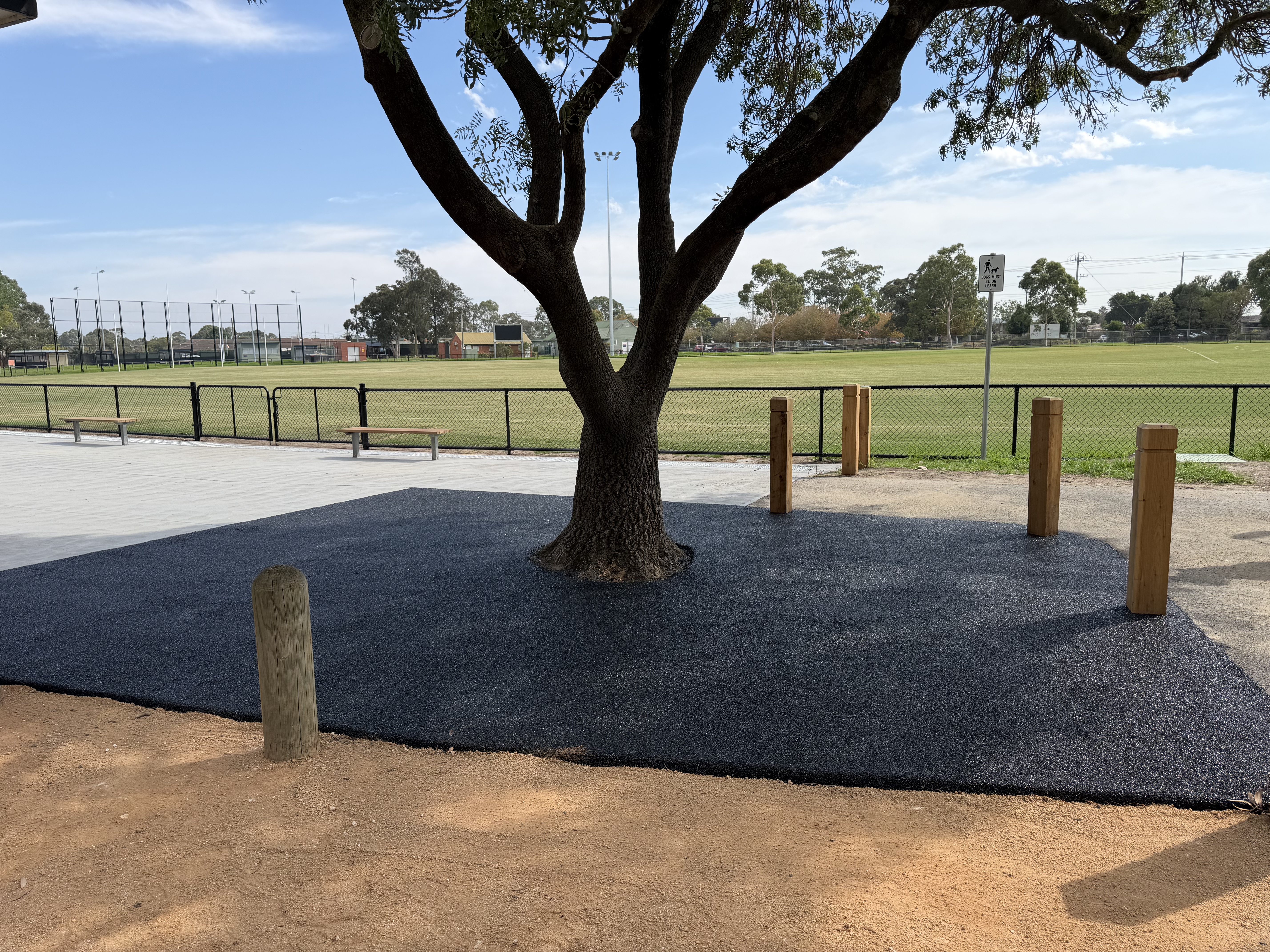 Tree base finished with permeable wetpour surface surrounded by timber bollards, alongside a concrete forecourt.