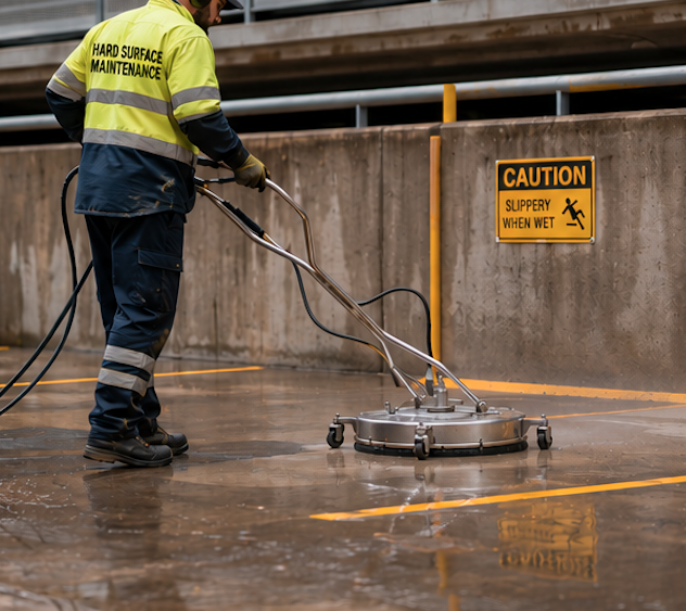 HSM technician in branded hi-vis operating a rotary surface cleaner on a wet concrete carpark deck.