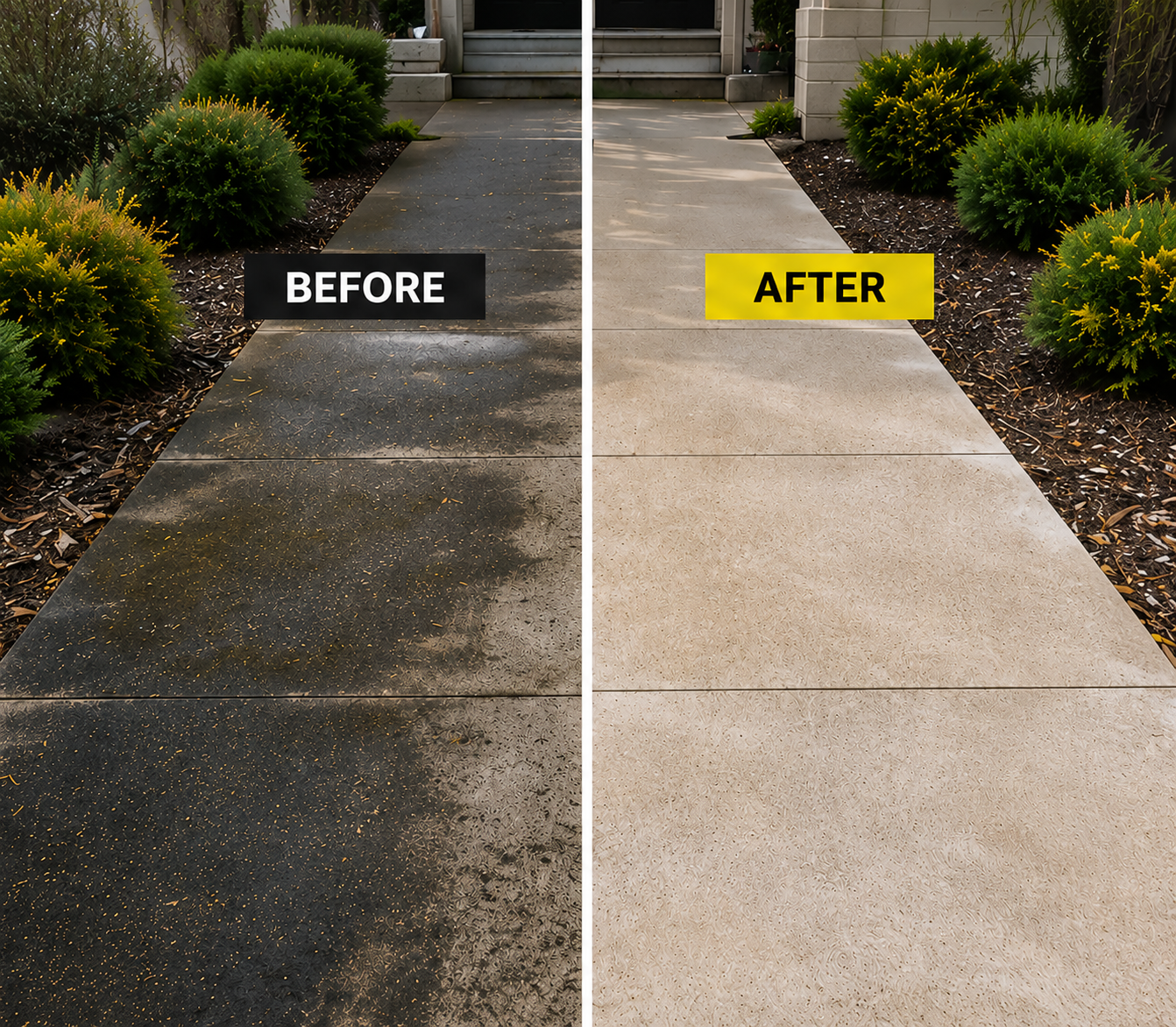 Before-and-after split image of a stamped concrete pathway showing heavy staining on the left and a clean restored surface on the right.