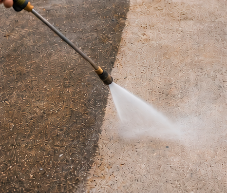 Close-up of a pressure-washing wand spraying water onto stamped concrete, with the cleaned strip visibly lighter than the dirty surface around it.