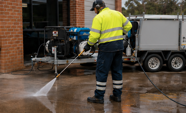 HSM technician in hi-vis using a pressure washer wand to clean a commercial forecourt next to a trailer-mounted unit.